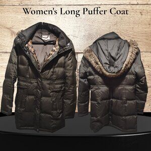 A Woman's Long Puff Coat with A Hood
